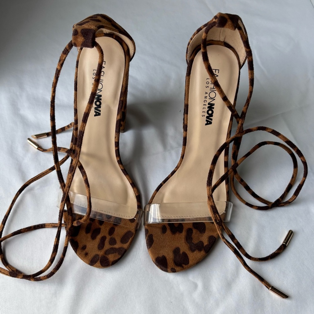 New Fashion Nova Chunky Heels with Animal Print Ankle Wrap